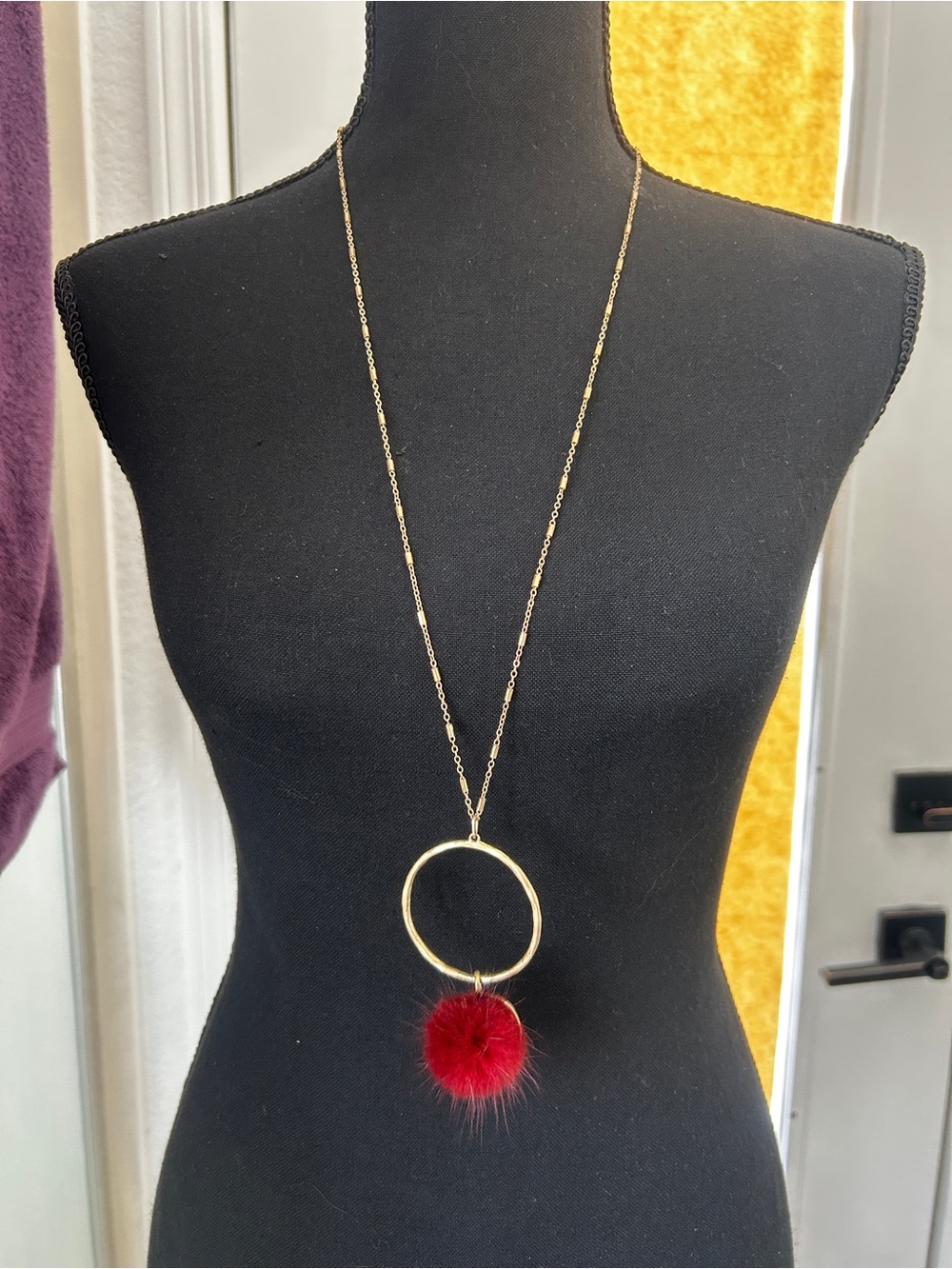 Canvas Gold Hoop Necklace with Red Pom Pom (fur)